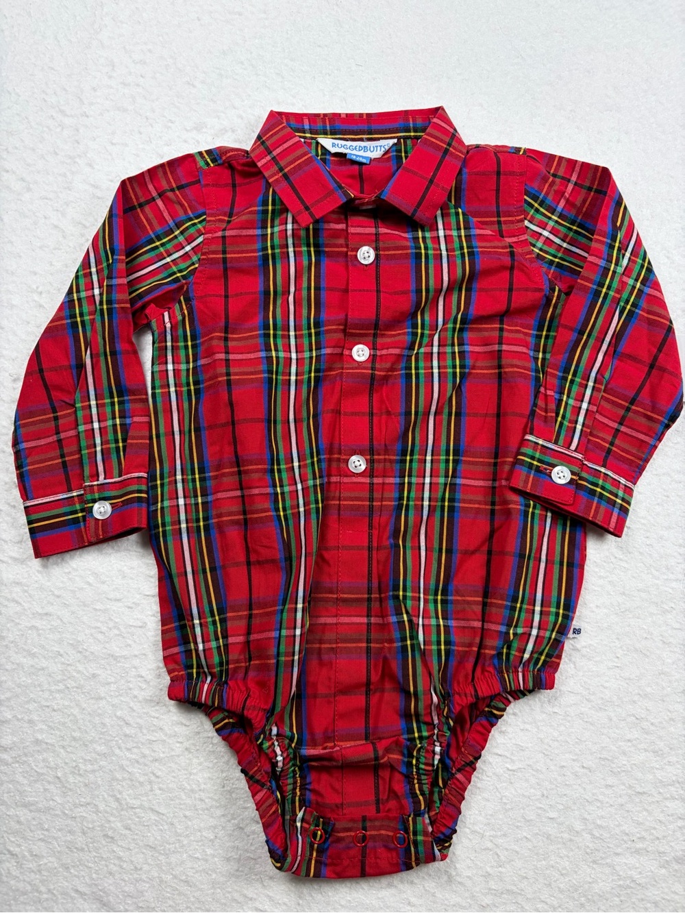NWT RuggedButts Baby Boy Red Nicholas‎ Plaid Long Sleeve Button Down Bodysuit